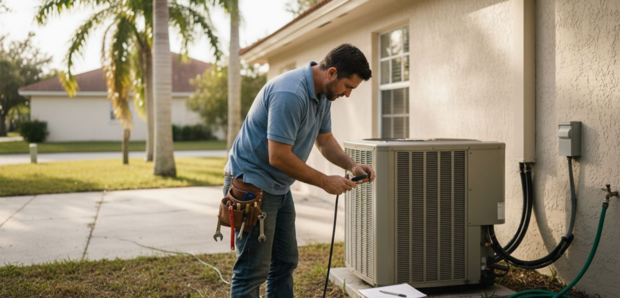 Technician performing AC maintenance at Florida house