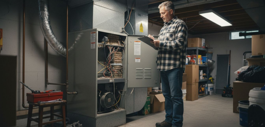 Homeowner inspecting HVAC unit in basement
