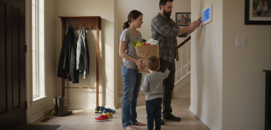 Family adjusting home thermostat in hallway
