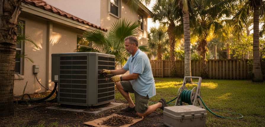Homeowner inspecting outdoor HVAC in Florida
