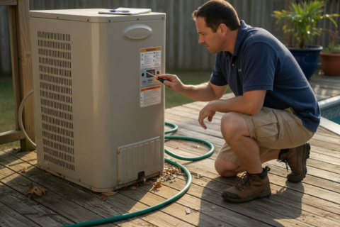 Technician working on outdoor pool heater