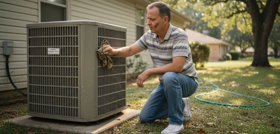 Homeowner cleaning central HVAC unit outdoors