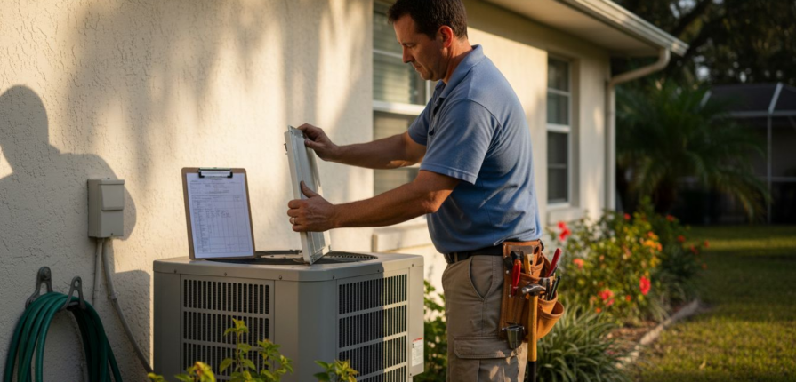 Technician inspecting outdoor air conditioning unit