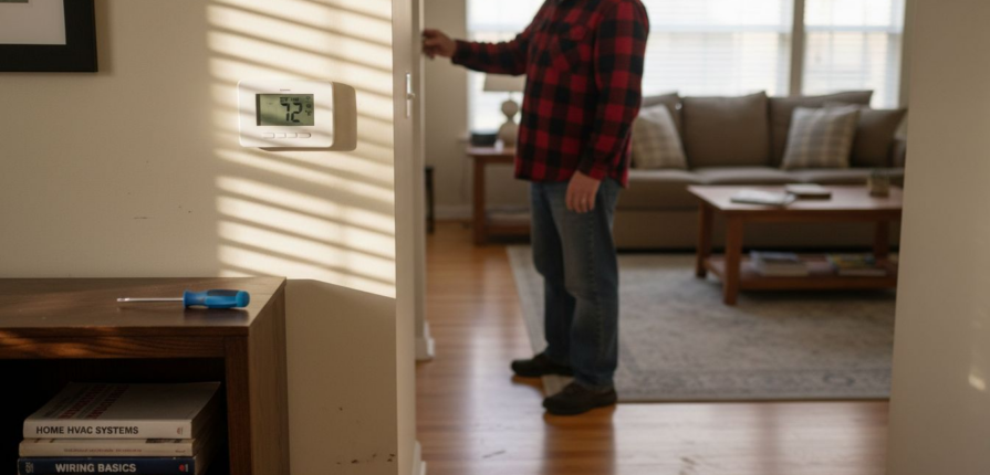 Homeowner adjusting thermostat in sunlit living room