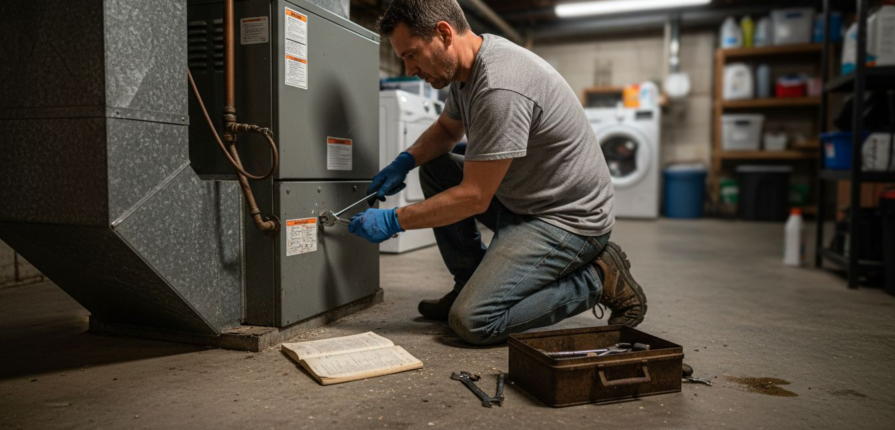 Homeowner repairing HVAC unit in basement