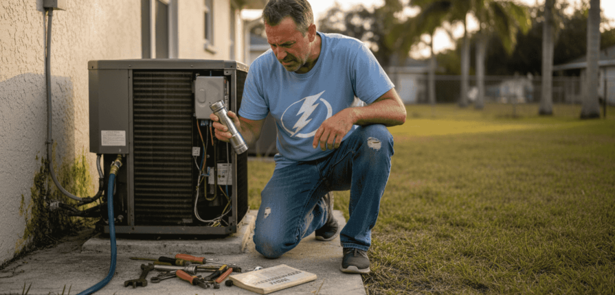 Homeowner inspects outdoor HVAC unit for problems