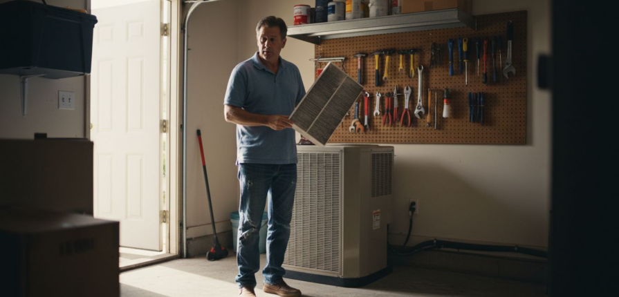 Homeowner checking air conditioning filter