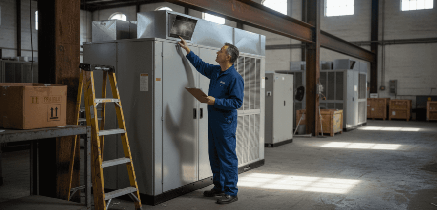 Technician inspecting large HVAC in warehouse