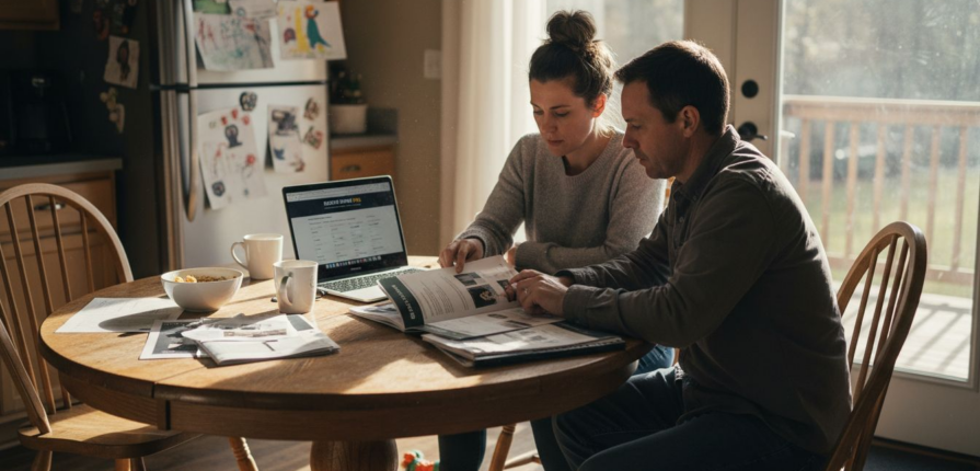 Couple discussing HVAC choices at kitchen table