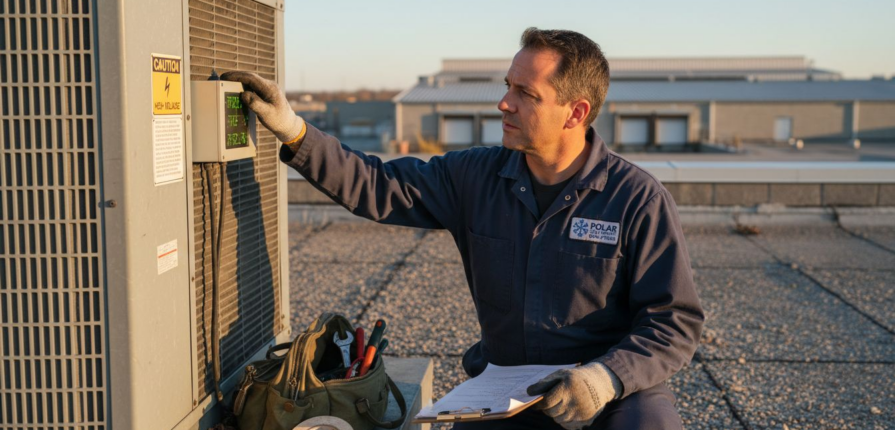 Technician inspecting rooftop industrial HVAC
