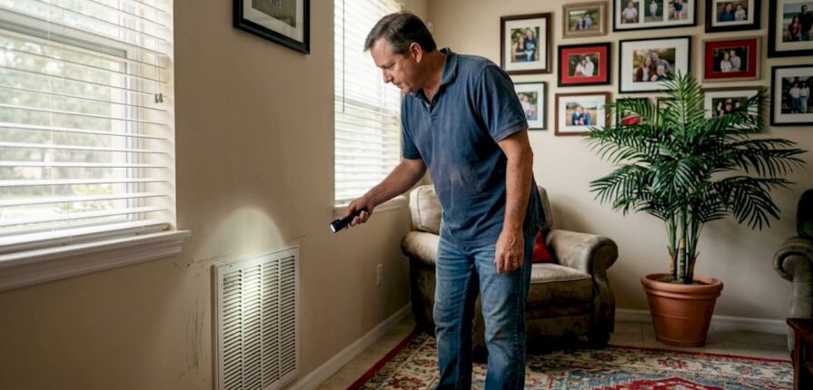 Homeowner inspecting duct vent Florida living room