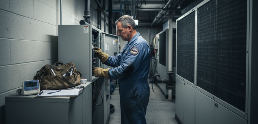 Hotel HVAC technician inspecting air unit