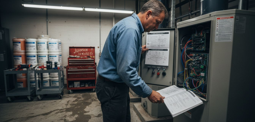 Technician inspecting commercial pool heater equipment