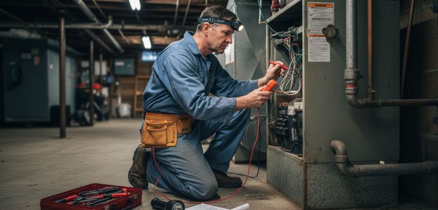 HVAC technician repairs furnace in basement