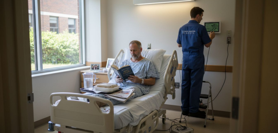 Hospital patient with technician adjusting HVAC