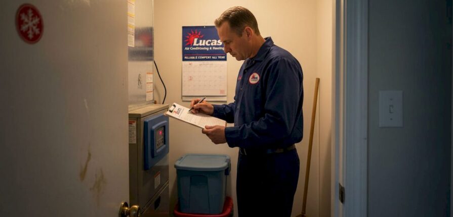 HVAC technician reviewing home heating system