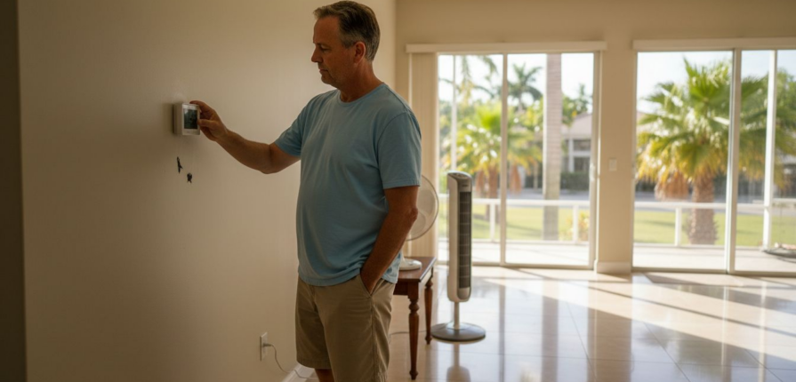 Homeowner adjusting smart thermostat for savings