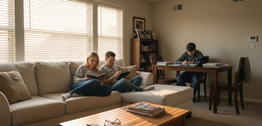 Family relaxing in zoned living space