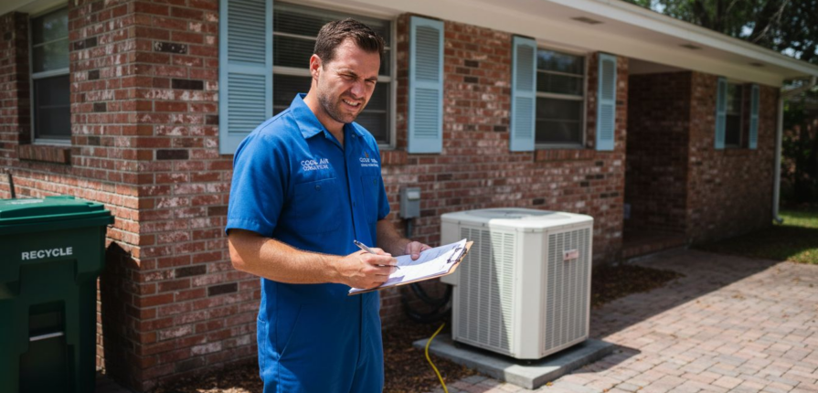 HVAC technician checks air conditioner outside home