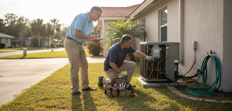 Landlord discussing HVAC with technician outdoors