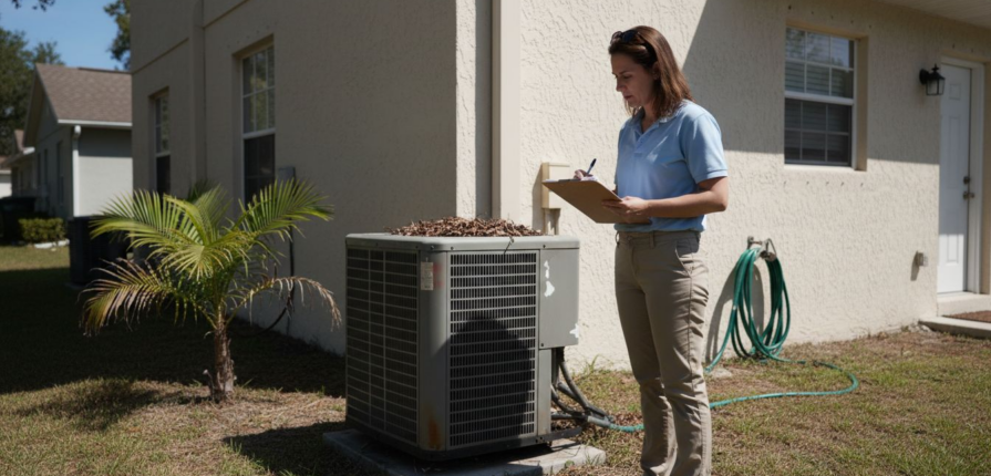 Property manager inspecting outdoor AC unit