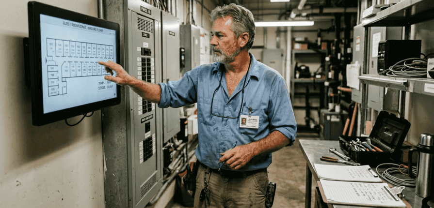Facilities manager reviews HVAC hotel controls