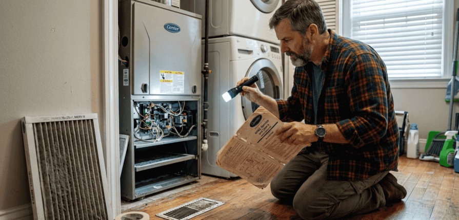 Homeowner checking HVAC unit with manual