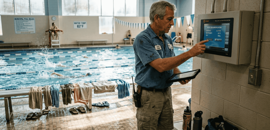 Technician checks HVAC panel by indoor pool