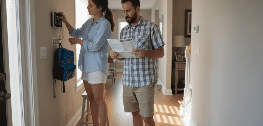Couple adjusting smart thermostat at home