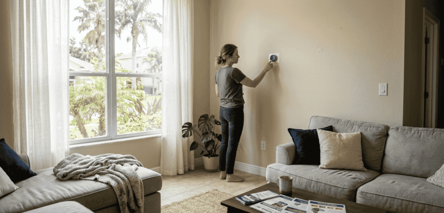Homeowner adjusting smart thermostat in bright living room