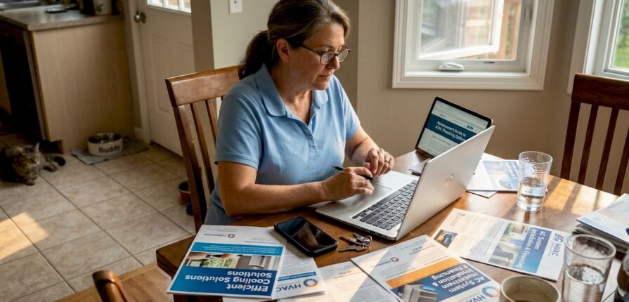 Homeowner reviewing HVAC financing brochures