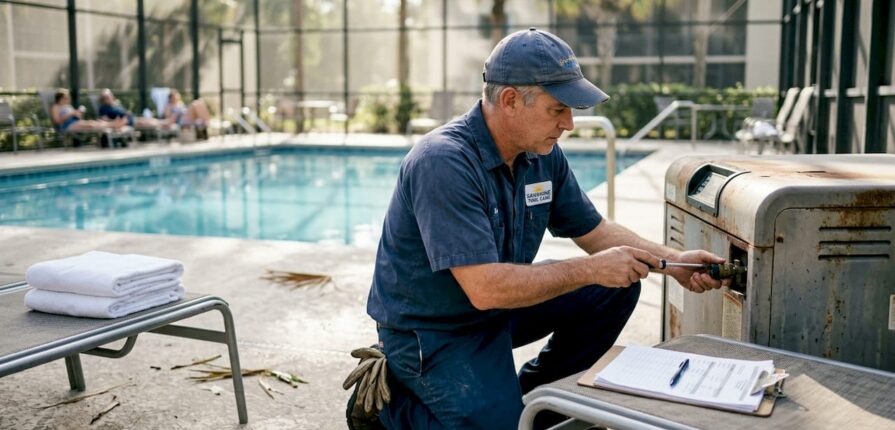 Technician servicing hotel commercial pool heater outdoors
