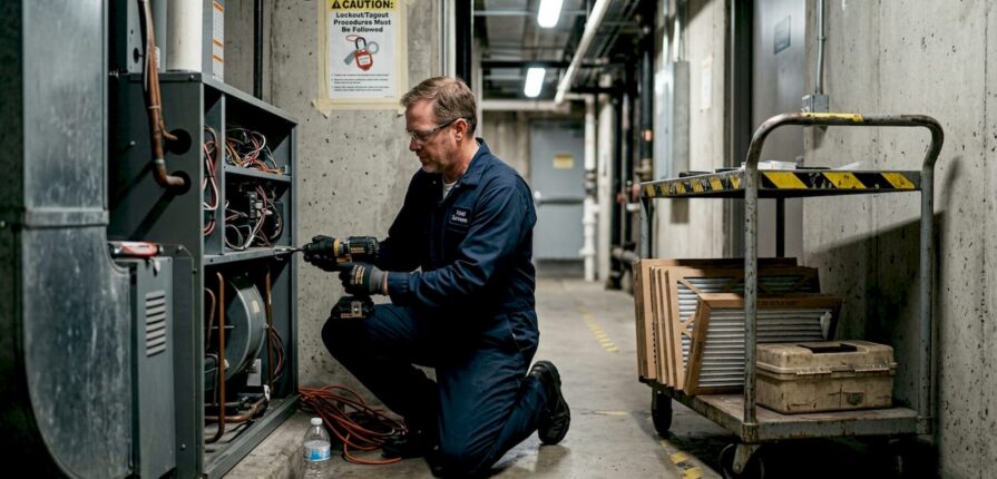 Technician servicing hotel HVAC unit in corridor