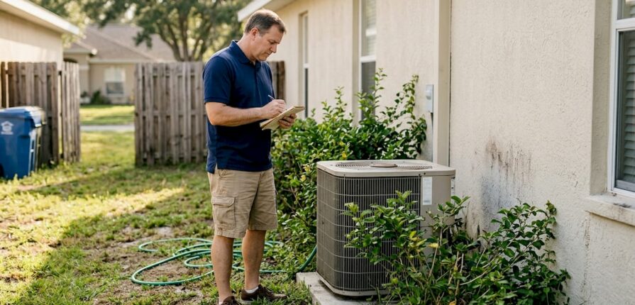 Homeowner inspecting outdoor HVAC unit
