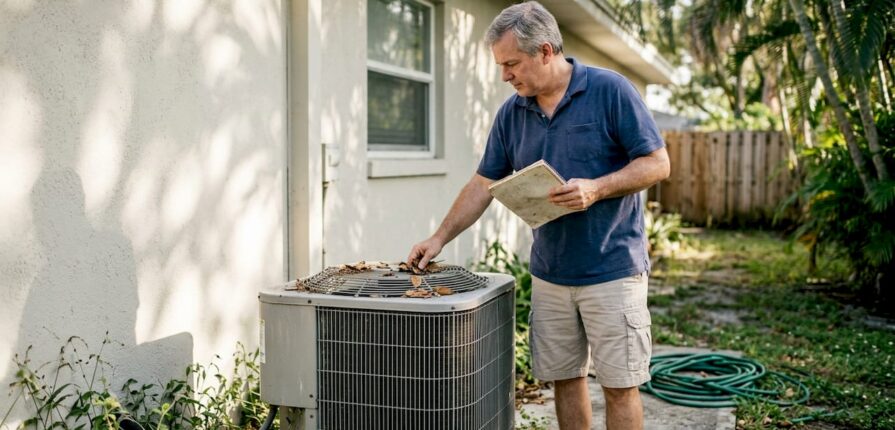 Homeowner cleaning HVAC unit outside house