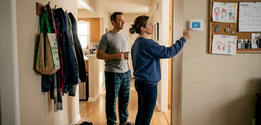 Family adjusting digital wall thermostat in hallway