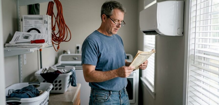 Homeowner readying tools near wall AC unit