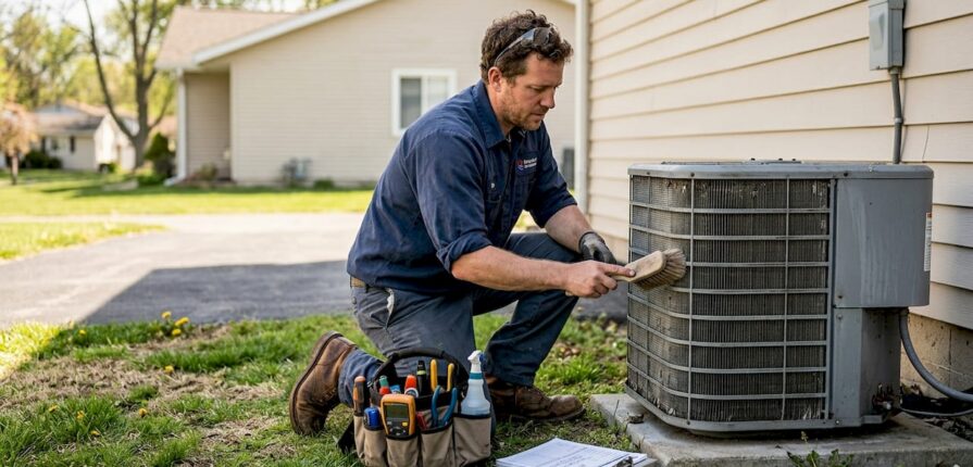 Technician cleaning home air conditioner unit