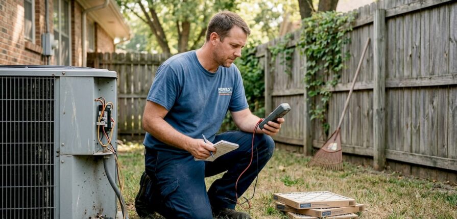Technician performs HVAC tune-up at home