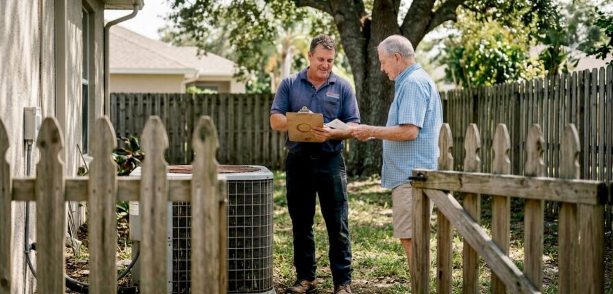 Technician repairing AC for homeowner