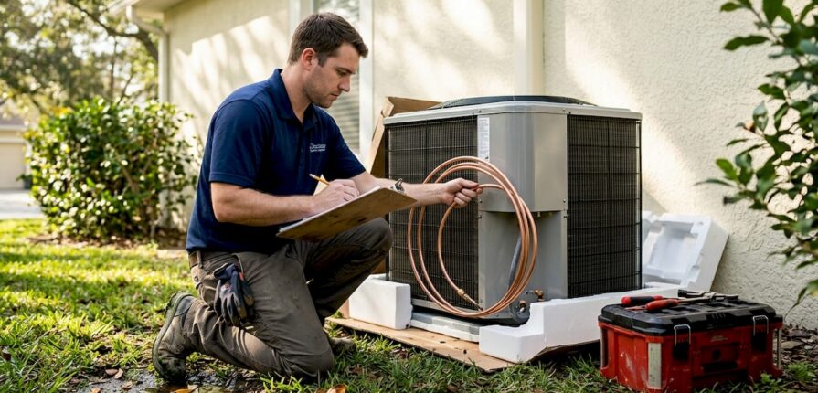 Technician installing smart HVAC unit outdoors