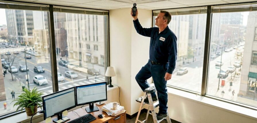 HVAC technician checks air vent in office