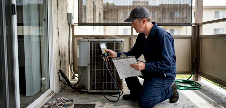 HVAC technician inspecting apartment unit outdoors