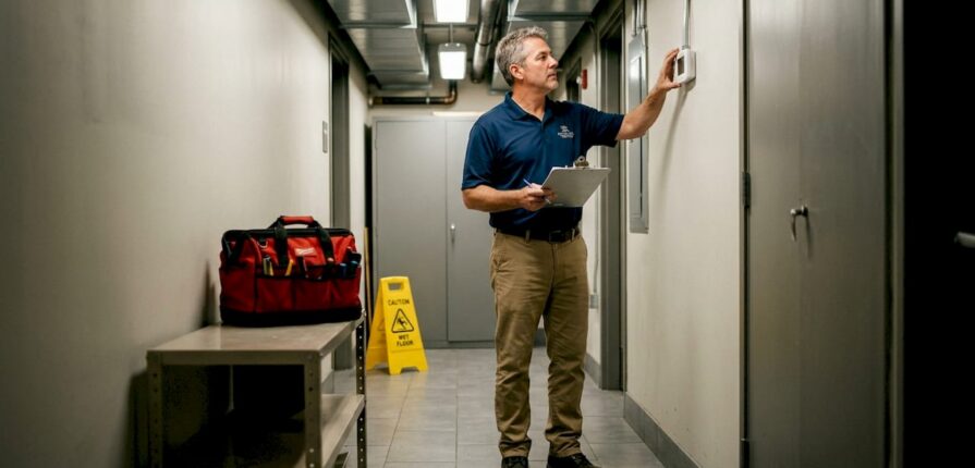 Hotel manager checking HVAC controls in corridor