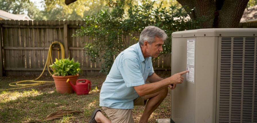 Homeowner inspects outdoor HVAC unit in backyard