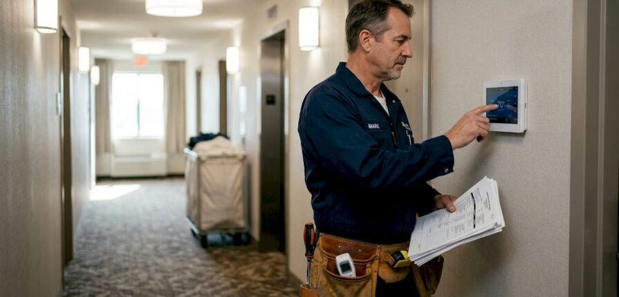 Maintenance engineer adjusts hotel HVAC control panel