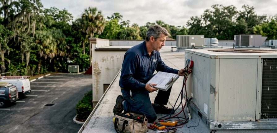 Technician inspecting rooftop HVAC unit