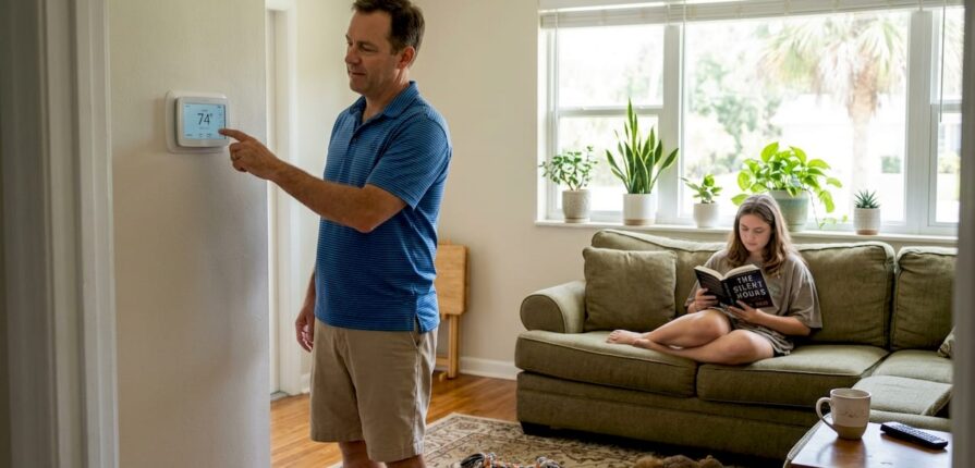 Family adjusting central heating thermostat