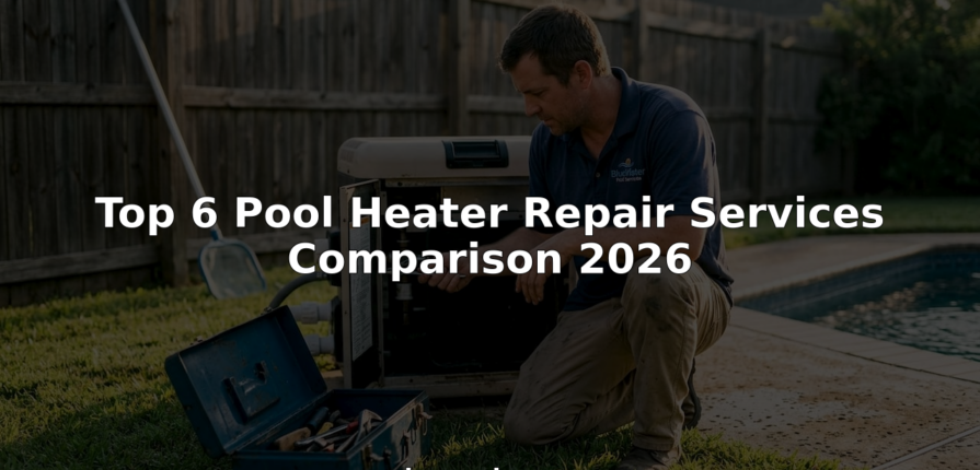Pool heater technician repairing equipment beside residential pool