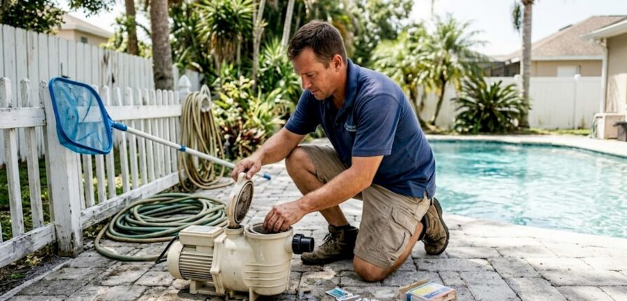Pool technician inspecting pump basket outdoors